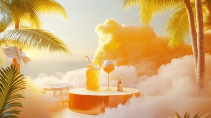 Poster - A vibrant tropical scene featuring cocktails on a table surrounded by palm trees and clouds.