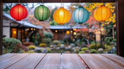 Poster - Colorful lanterns hang above a serene garden scene with autumn foliage.