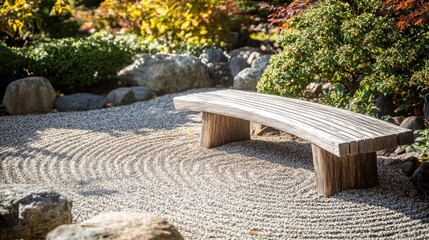 Wall Mural - A serene garden scene featuring a wooden bench surrounded by gravel and rocks.