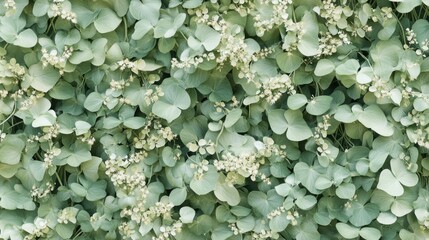 Poster - A lush arrangement of eucalyptus leaves and small flowers creating a natural backdrop.