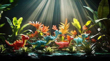 Canvas Print - Colorful dinosaur toys among vibrant plants and foliage, illuminated by soft light.