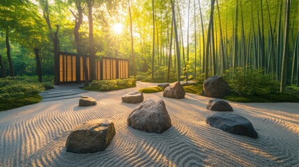 Poster - Serene bamboo garden with rocks and a modern structure, illuminated by soft sunlight.