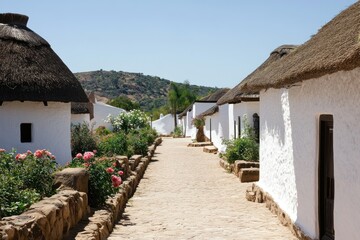 Sticker - A scenic pathway lined with white cottages and blooming flowers under a clear blue sky.