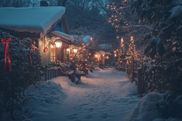 Poster - A serene winter scene with snow-covered paths and illuminated festive decorations.