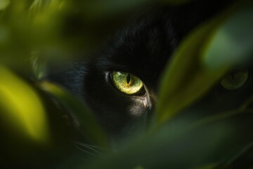 Wall Mural - A close-up of a cat's striking green eyes peering through lush green leaves.