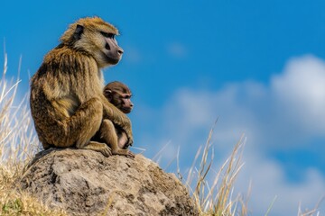 Canvas Print - A baboon and its young sit on a rock against a blue sky, showcasing their bond in nature.