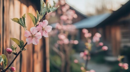 Wall Mural - A close-up of pink blossoms against a blurred background of wooden structures.