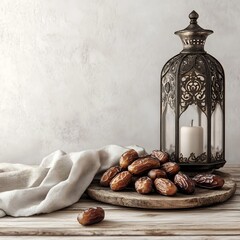 Poster - Cozy Ramadan setting featuring fresh dates in the foreground with an elegant lantern on a weathered wooden table enhanced by a softly textured white wall background leaving room for custom text