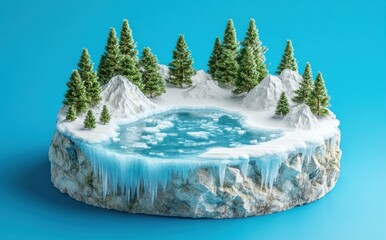 Poster - A serene winter landscape featuring a frozen pond surrounded by snowy mountains and pine trees.