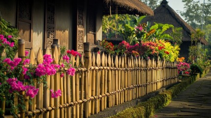 Sticker - A serene view of traditional huts surrounded by vibrant flowers and bamboo fencing.