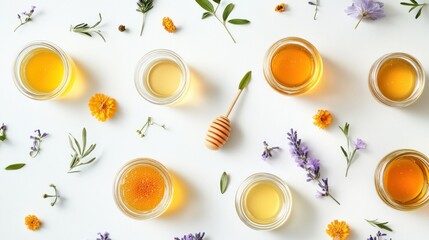 Different types of honey in jars, with floral and natural elements scattered around them on a white background, with a light shadow effect