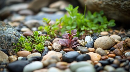 Sticker - A close-up of pebbles and small plants along a waterway, showcasing nature's beauty.