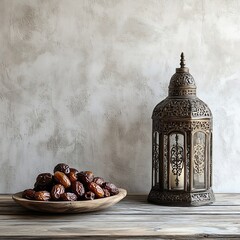 Poster - Cozy Ramadan setting featuring fresh dates in the foreground with an elegant lantern on a weathered wooden table enhanced by a softly textured white wall background leaving room for custom text
