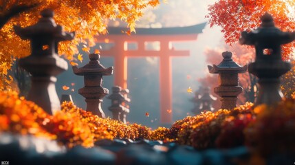 Poster - A serene autumn landscape featuring a torii gate and stone lanterns amidst colorful foliage.