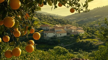 Wall Mural - A serene landscape featuring orange trees in the foreground and a quaint village in the background.