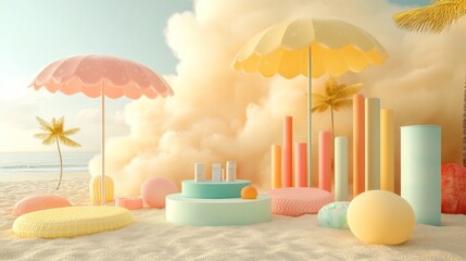 Sticker - A colorful beach scene with umbrellas, cushions, and decorative elements for relaxation.