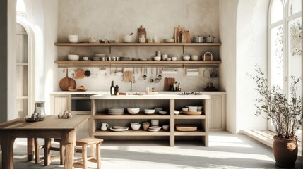 Poster - A modern kitchen featuring wooden shelves, minimalist decor, and various kitchenware.