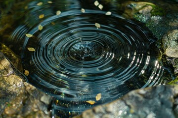 Poster - Concentric ripples expanding on the surface of a pond with fallen leaves