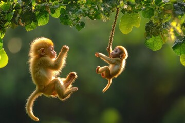 Poster - Two playful monkeys hanging from a branch in a lush green environment.