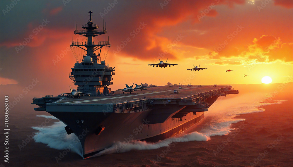 Ilustração American aircraft carrier sailing on the ocean at sunset ...