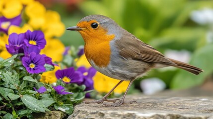 Poster - A vibrant bird stands near colorful flowers in a garden setting.