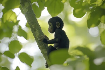 Sticker - A young monkey perched on a tree branch surrounded by lush green foliage.