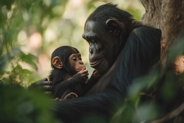 Poster - A tender moment between a mother chimpanzee and her baby in a lush, green environment.