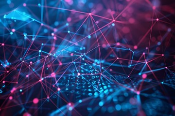 Fototapete - Big data network is connecting random numbers and transforming information with blue and pink lines