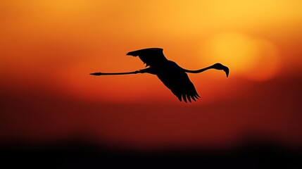 Sticker - A silhouette of a bird flying against a vibrant sunset backdrop.