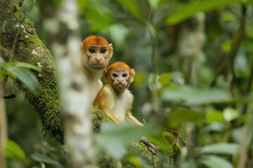 Poster - Two monkeys perched on a tree branch in a lush green forest.