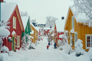 Sticker - A snowy street lined with colorful houses and people enjoying winter activities.