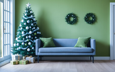 Minimalist interior of the room with a New Year tree and gifts prepared for Christmas. Festive interior in green tones.