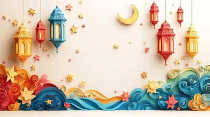 Fototapete - Decorative paper cut style design showcasing cluster of hanging lanterns surrounded swirling stars and crescent moons all in bright colors on a soft white background with space for text at the bottom