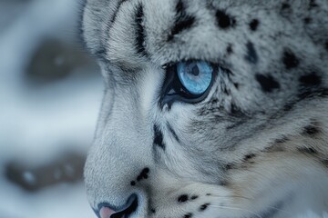 Canvas Print - Close-up of a snow leopard's striking blue eye against a snowy background.