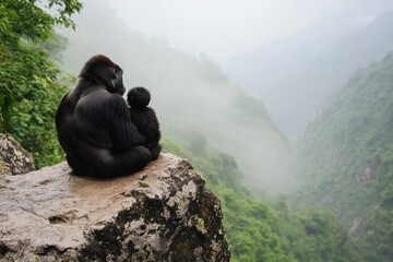 Wall Mural - A gorilla and its offspring sit on a rock, gazing at a misty valley landscape.