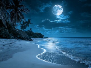 tranquil, moonlit beach with starry sky, high quality, photorealistic, reflection, peaceful, idyllic