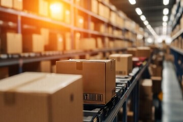 Packages on conveyor belt in warehouse