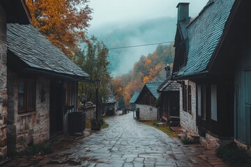 Wall Mural - A serene village pathway lined with stone houses amidst autumn foliage and misty mountains.