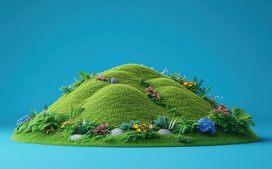 Poster - A vibrant, grassy hill adorned with colorful flowers and plants against a blue background.