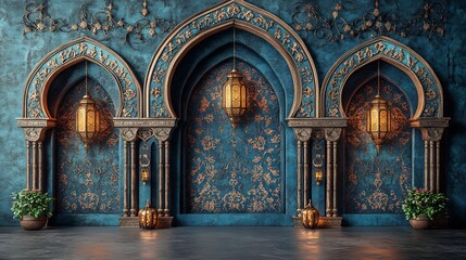 Poster - Decorative wall poster featuring a combination of elegant Islamic patterns and festive elements like lanterns and calligraphy perfect for an Eid celebration and cultural appreciation