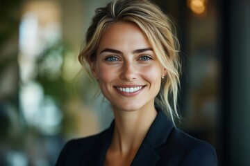 Radiant Businesswoman Smiling with Confidence in Office Setting.