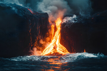 Molten lava erupting from an active volcano, creating a dramatic and powerful natural scene with glowing orange lava flowing down the side into the ocean