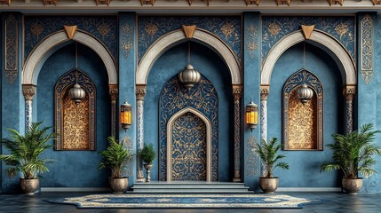 Poster - Decorative wall poster featuring a combination of elegant Islamic patterns and festive elements like lanterns and calligraphy perfect for an Eid celebration and cultural appreciation