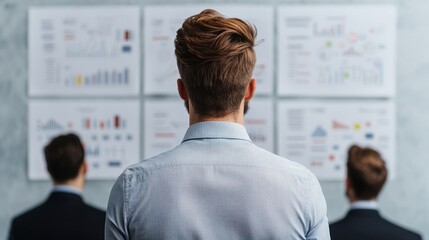 Business professionals analyzing data and charts in a modern office environment.