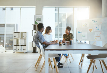 Canvas Print - Review, startup or people in discussion in meeting for revenue information or organizing project. Boardroom, talking or company growth ideas in office for startup business, teamwork or group planning