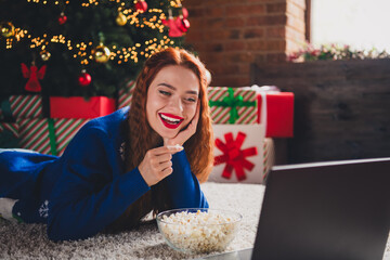 Canvas Print - Photo of pretty nice lovely girl wear trendy blue jumper lying carpet watching cartoon cozy living room indoors