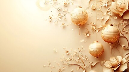 Poster - Delicate paper cut style design featuring lanterns and swirling floral patterns in shades of gold and cream set against a pale beige background with space for text on the right