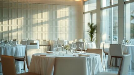 Poster - The wedding hall with round tables and chairs for guests in white tablecloths. The room is decorated with modern wall panels.