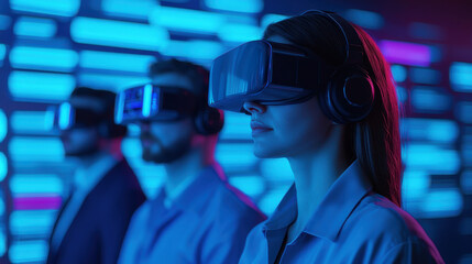 People using VR headsets in modern environment.