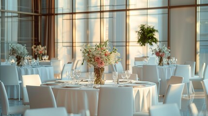 The wedding hall with round tables and chairs for guests in white tablecloths. The room is decorated with modern wall panels.